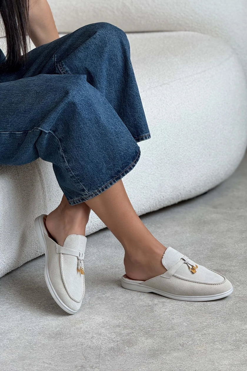 Most Beige Suede Genuine Leather Tassel Detail Flat Sole Women's Slippers - PREORDER