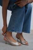 SALVA Sand Beige Satin Pointed Toe Open Front Women’s Heels
