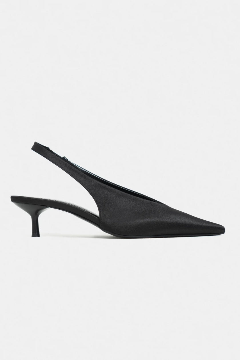 MELVIN Black Satin Women’s Heeled Shoes with Elastic Ankle Detail