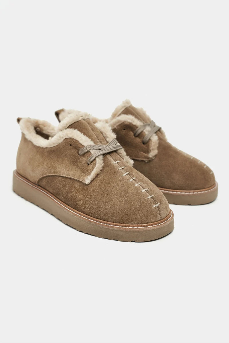 LUSHA Rome Beige Genuine Suede Leather Fur-Lined Lace-Up Shoes – 2 cm