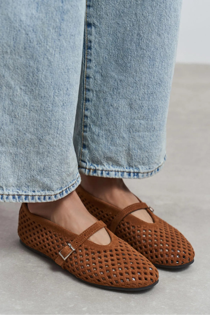 BELINDA Tan Suede Leather Studded Buckle Detail Women’s Ballerina Flats