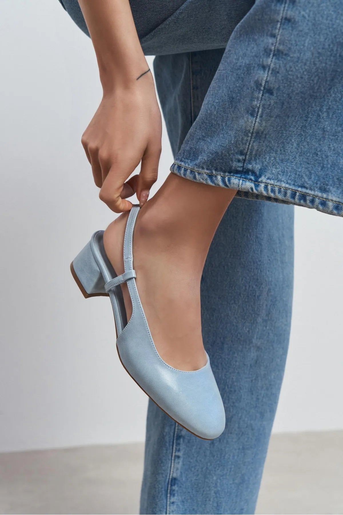 HARMONY Baby Blue Rustic Pattern Square Toe Buckle Detail Women’s Ballerina Shoes