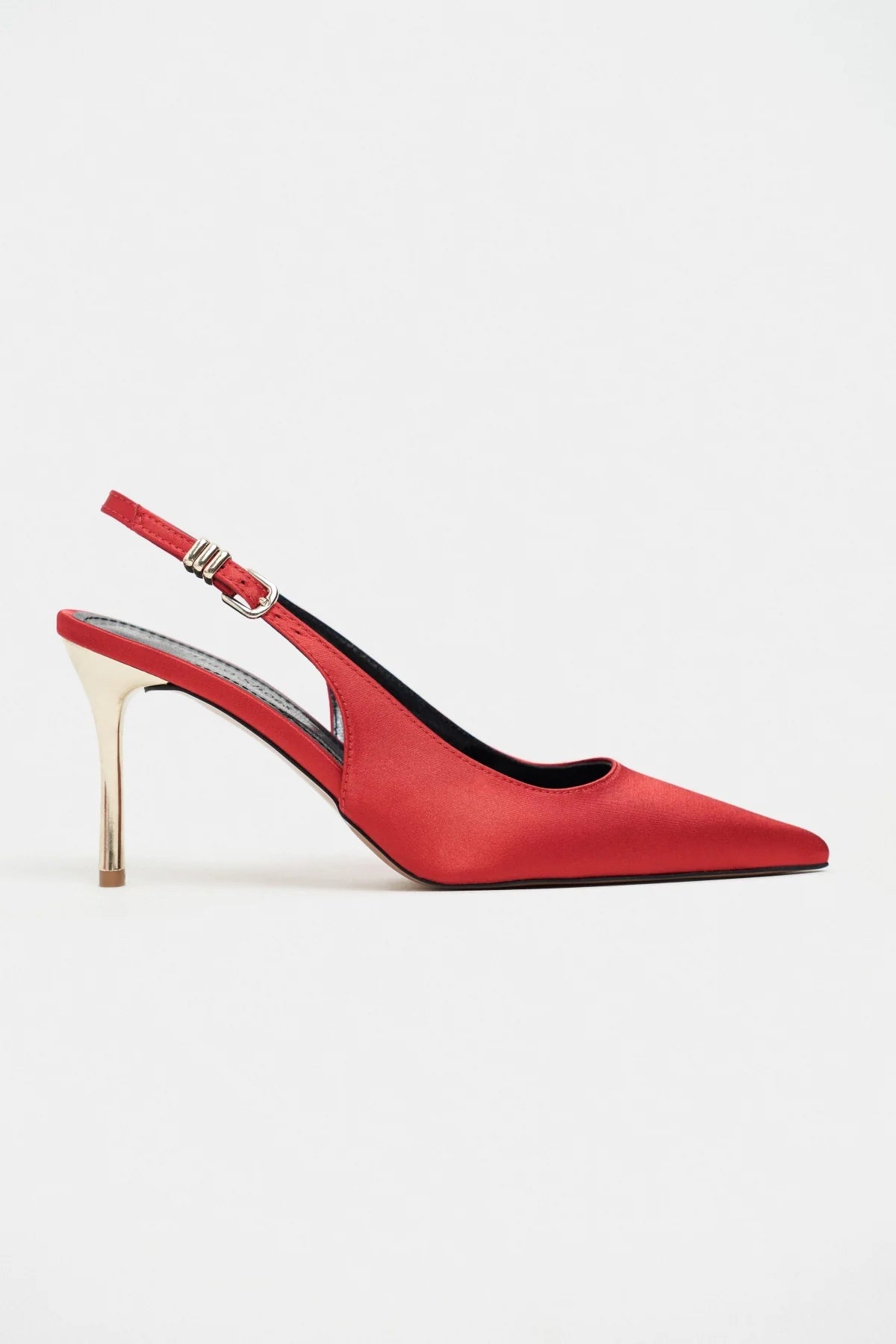 VIORA Red Satin Buckle Detail Women’s Gold Heel Shoes