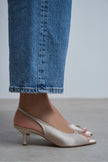 SALVA Sand Beige Satin Pointed Toe Open Front Women’s Heels