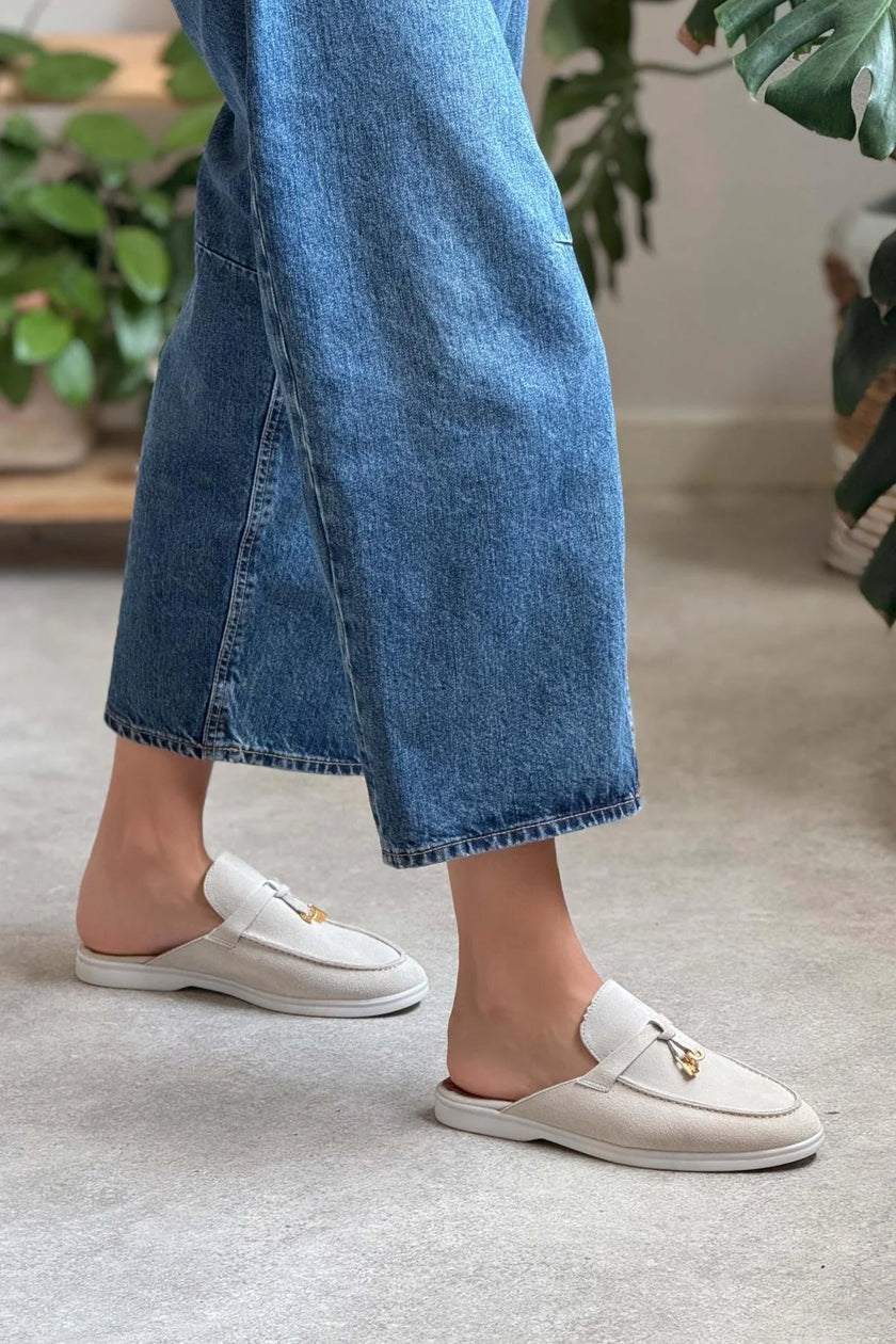 Most Beige Suede Genuine Leather Tassel Detail Flat Sole Women's Slippers - PREORDER