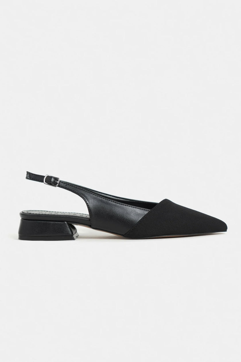 VIKTOR Black Matte Satin Pointed Toe Ankle Strap Detail Women’s Low Heel Ballet Shoes