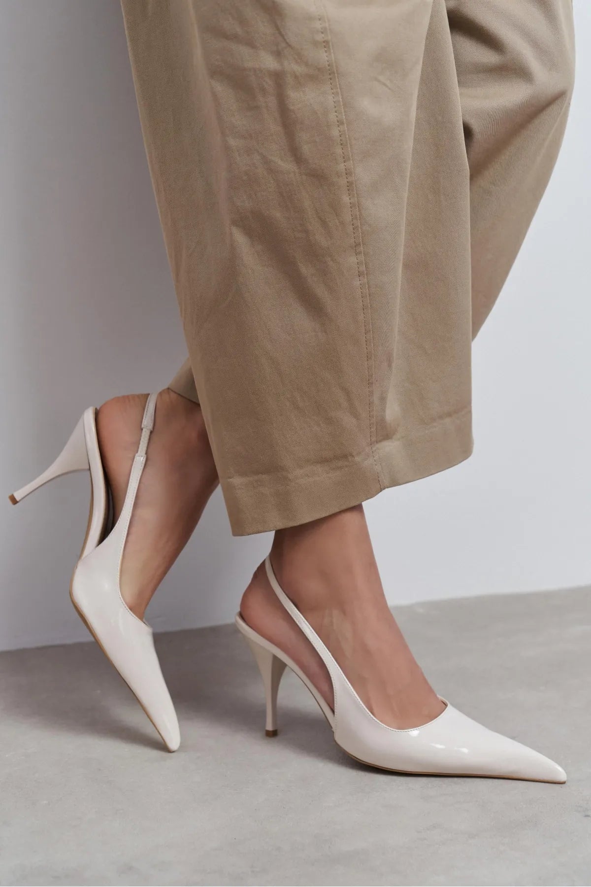 MEHRU Beige Patent Buckle Detail Pointed Toe Women’s Heels