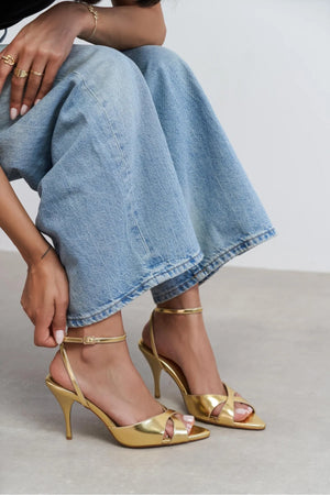 MONICA Gold Metallic Ankle Strap Detail Women’s Stiletto Heels
