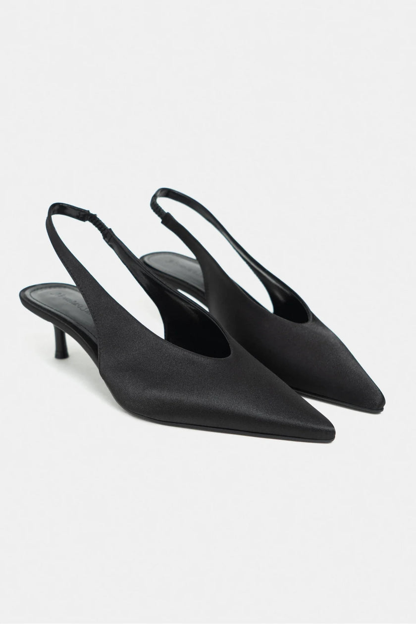 MELVIN Black Satin Women’s Heeled Shoes with Elastic Ankle Detail