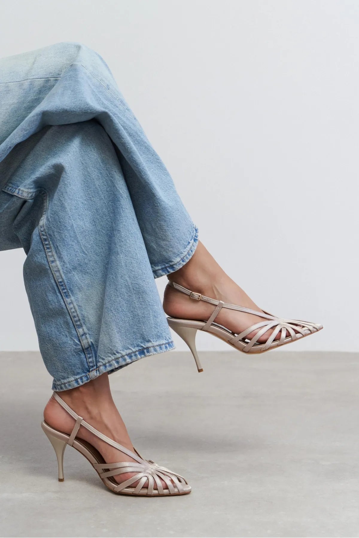 ERYU Dark Beige Satin Peep Toe Cage Detail Women’s Heeled Shoes