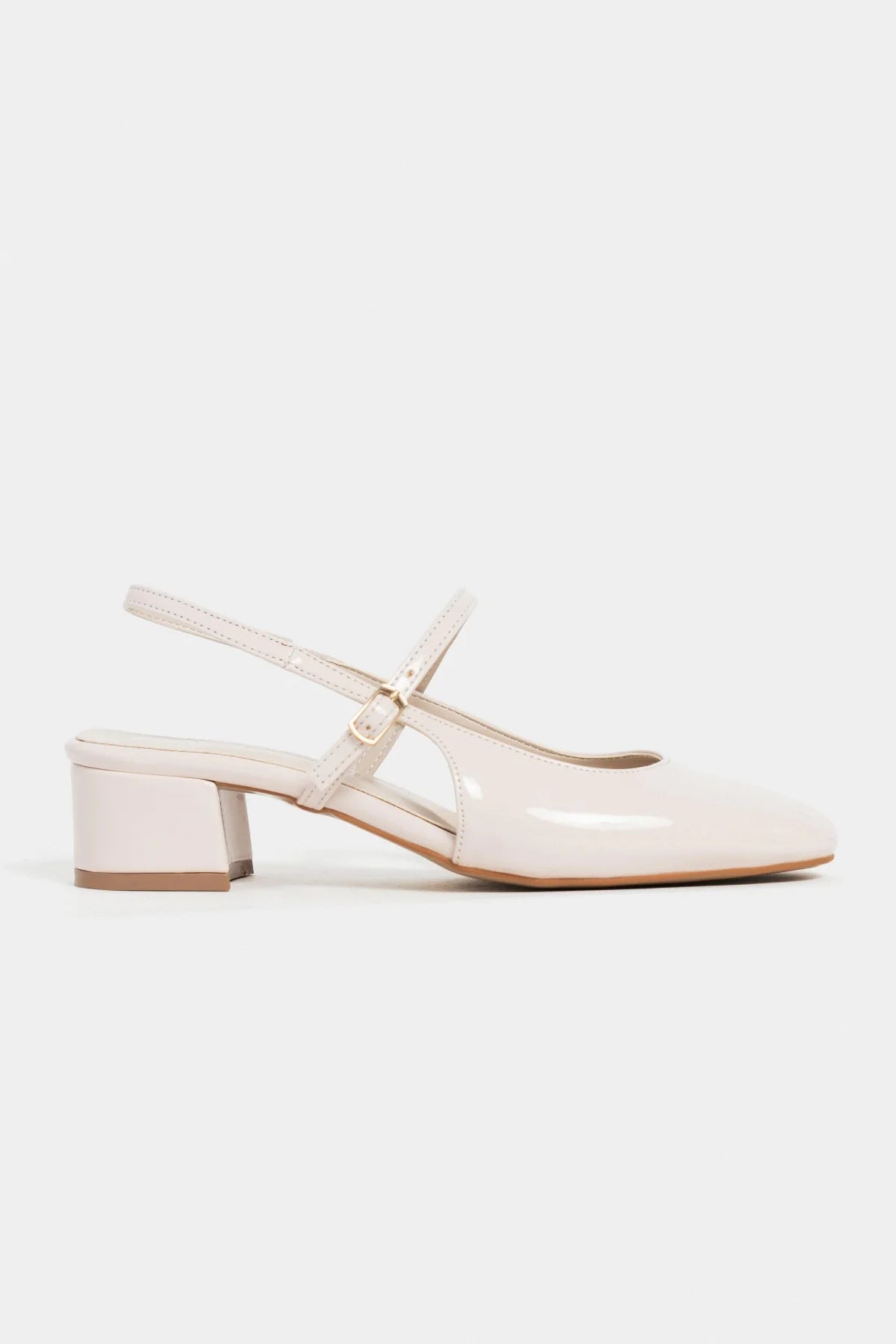TEDY Beige Patent Square Toe Buckle Detail Slingback Women’s Low Heel Flats