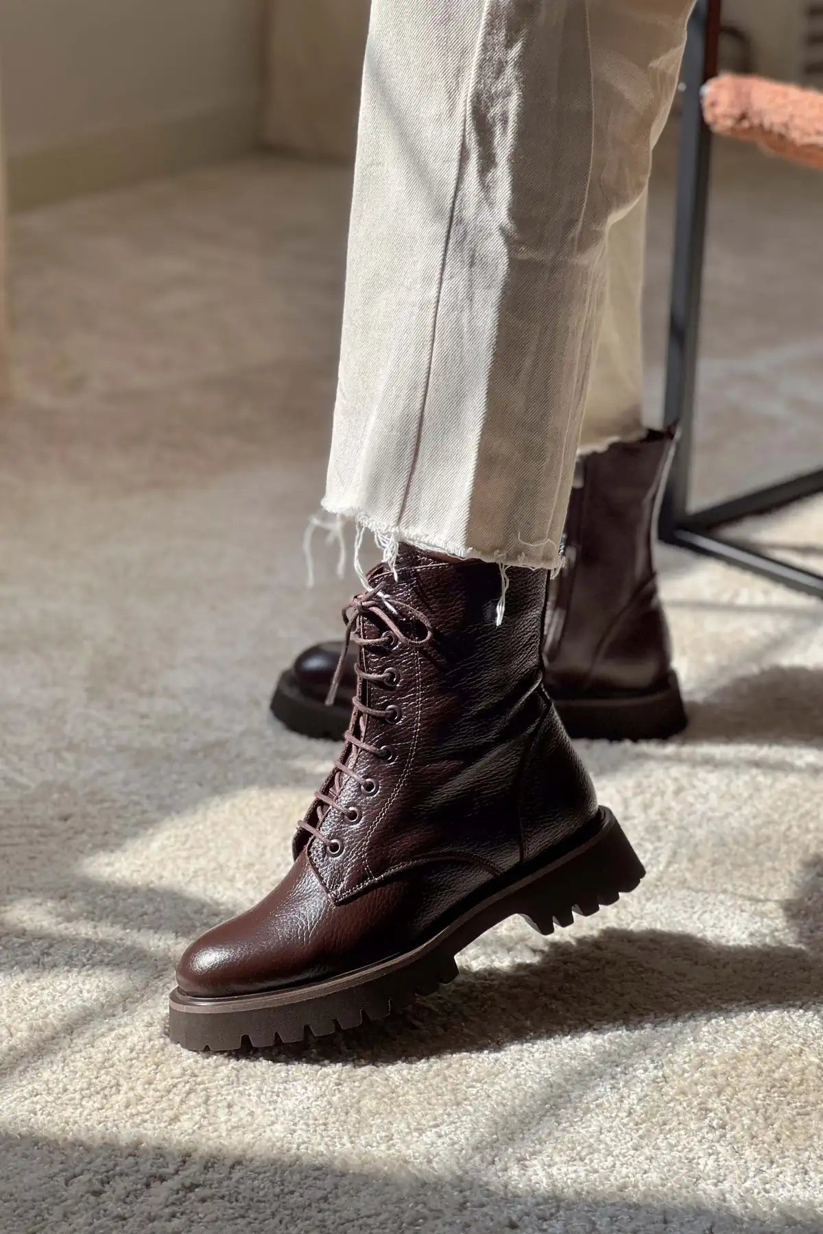 TEMPEST BROWN GENUINE LEATHER LACE-UP WOMEN'S COMBAT BOOTS