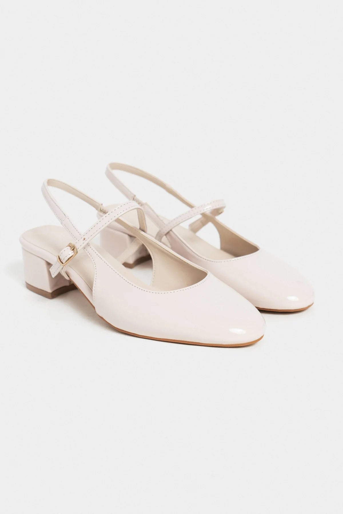 TEDY Beige Patent Square Toe Buckle Detail Slingback Women’s Low Heel Flats
