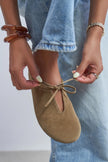 AREM Rome Beige Genuine Leather Suede Bow Detail Women's Flat Slippers