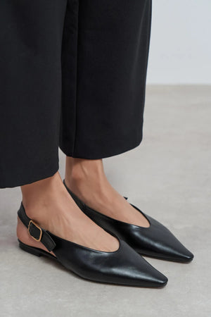 TESSA Black Matte Pointed Toe Buckle Detail Low Heel Women’s Flats