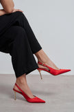 VIORA Red Satin Buckle Detail Women’s Gold Heel Shoes