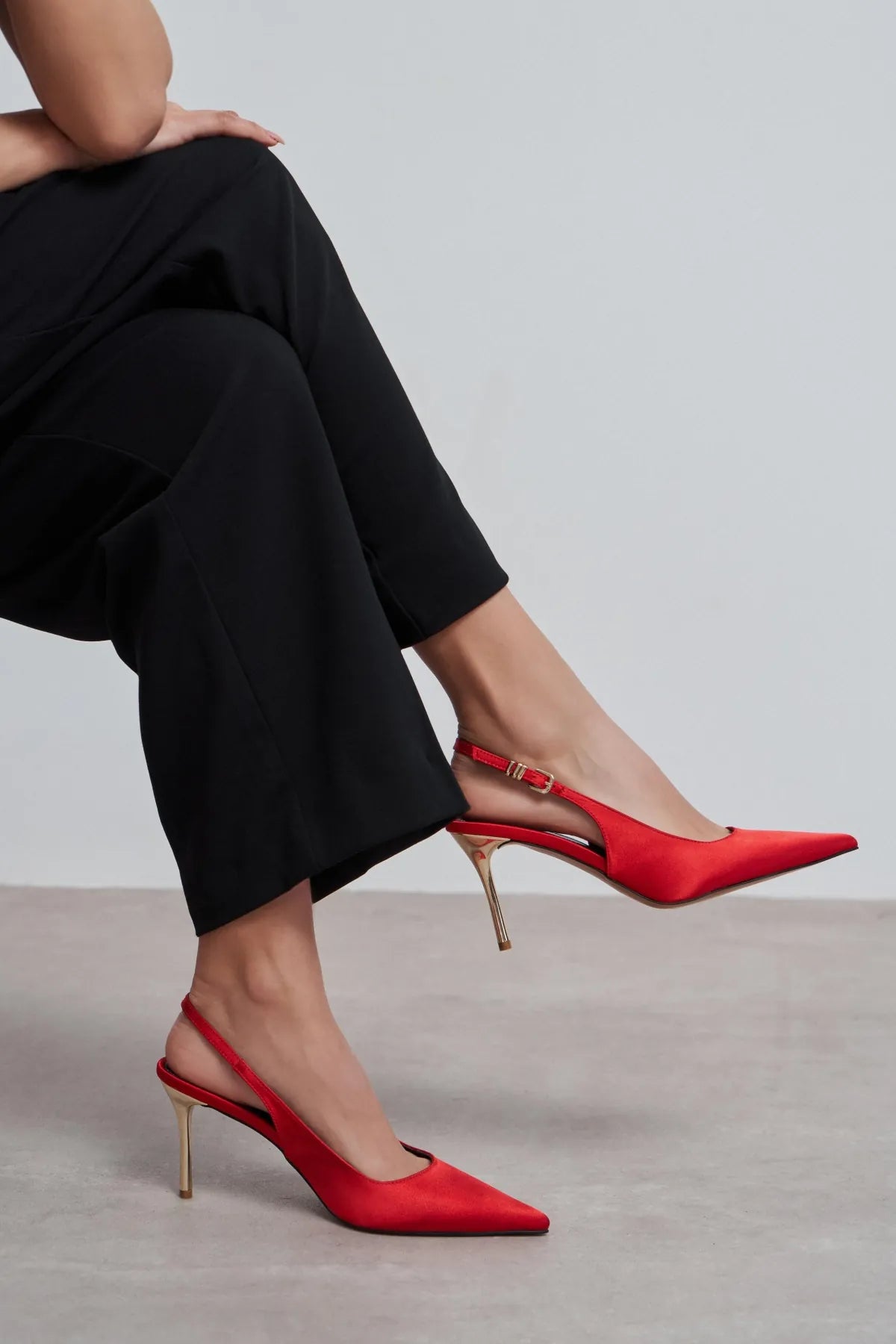 VIORA Red Satin Buckle Detail Women’s Gold Heel Shoes