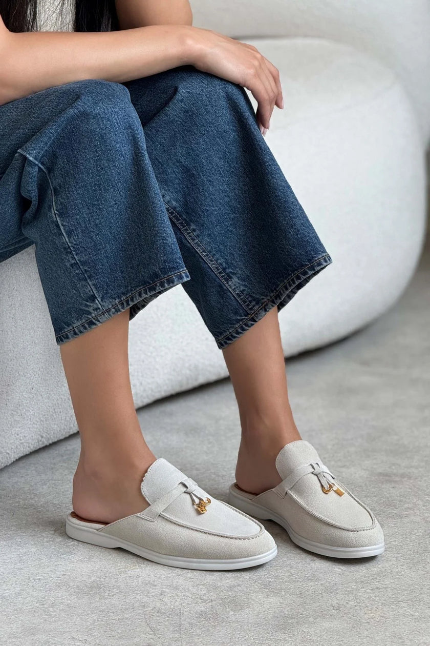 Most Beige Suede Genuine Leather Tassel Detail Flat Sole Women's Slippers - PREORDER