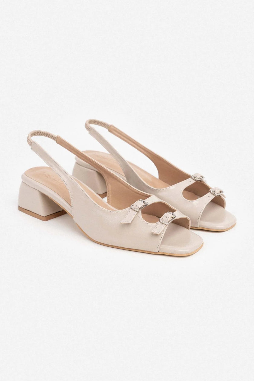 Ernest Beige Wrinkled Matte Belt Detailed Short Heeled Women's Sandals