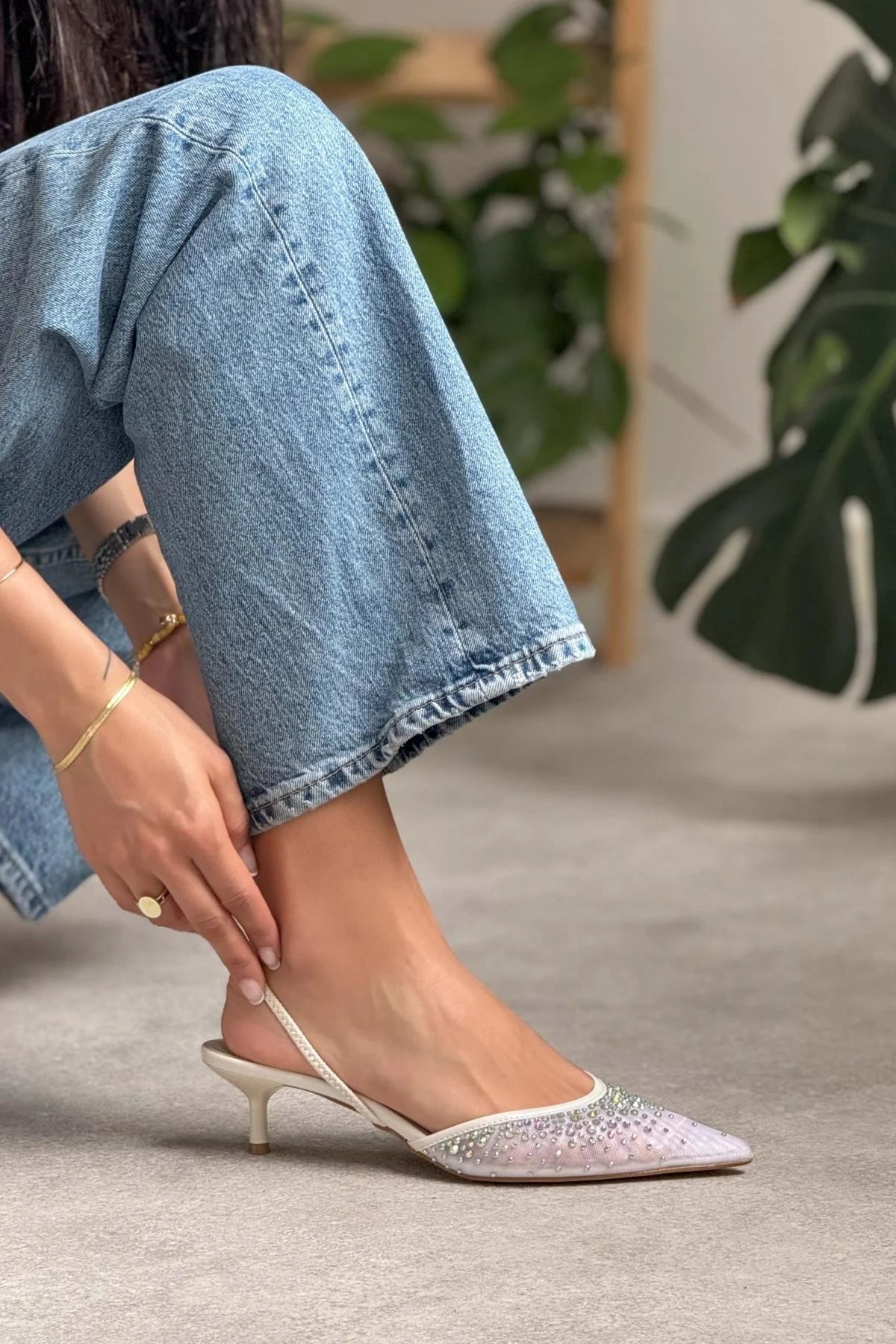 Cinderella White Mesh Stone Detailed Pointed Toe Women's High Heel Shoes