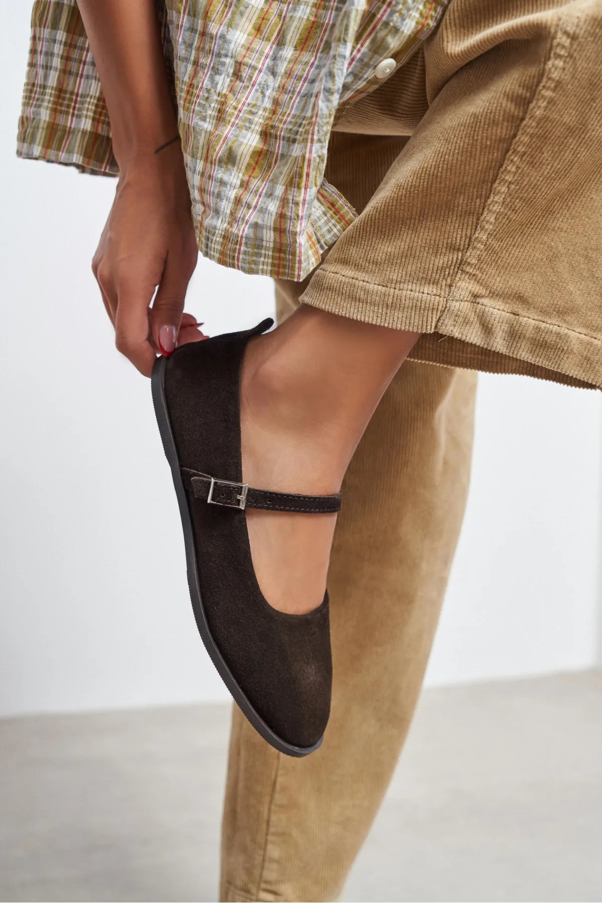 Jade Dark Brown Suede Genuine Leather Double-Buckle Flat Women's Ballet Flats