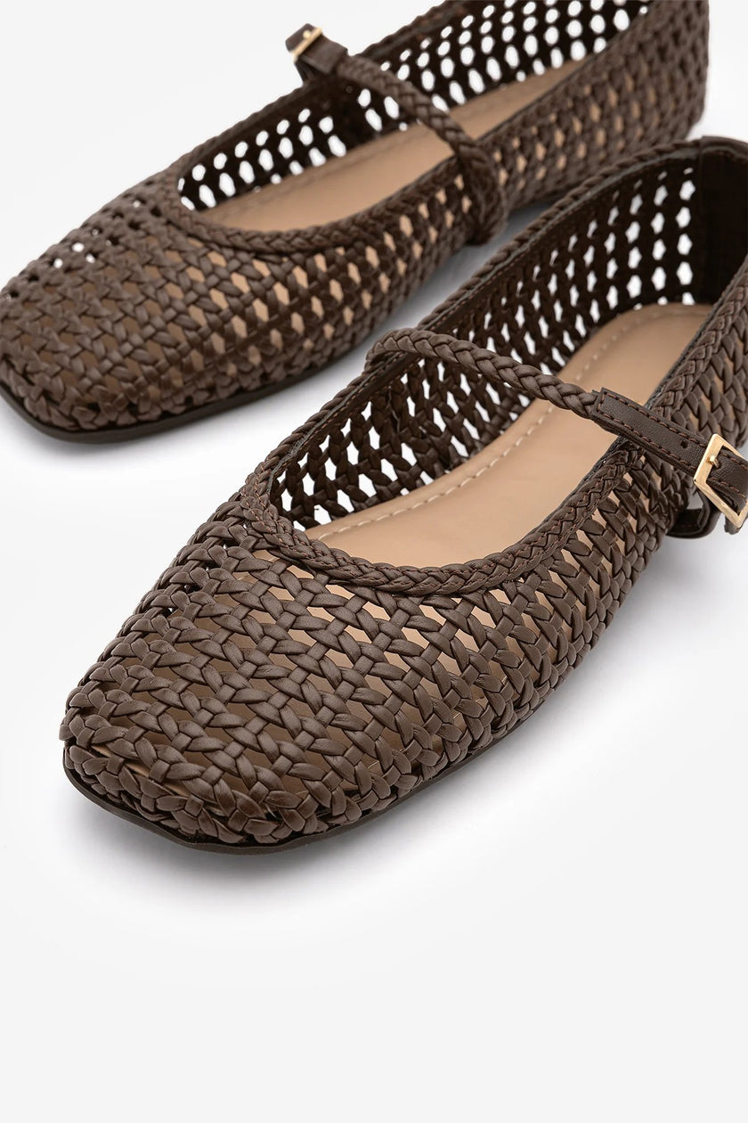LIYEN Brown Handwoven Mary Jane Strap Women’s Ballet Flats