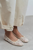 MAGNI Beige Lace Embroidered Bow Detail Women’s Ballet Flats