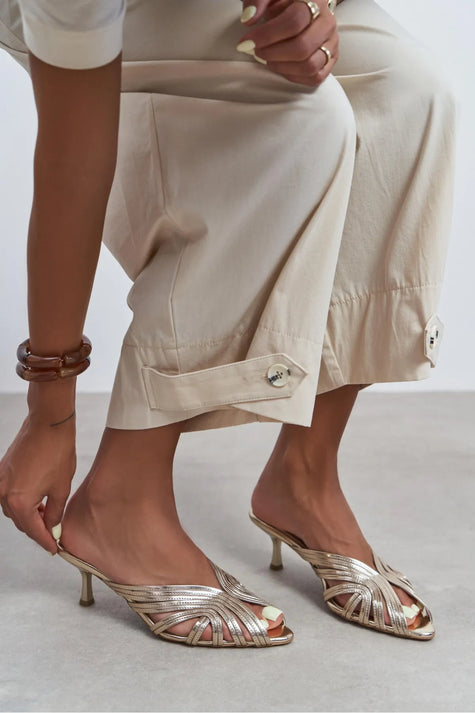 ROSIE Gold Metallic Open-Toe Cage Detail Women's Heeled Slippers
