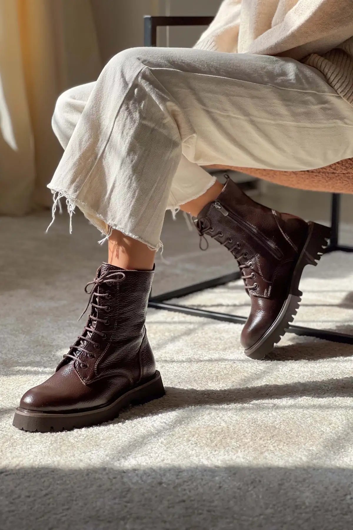 TEMPEST BROWN GENUINE LEATHER LACE-UP WOMEN'S COMBAT BOOTS