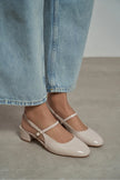 TEDY Beige Patent Square Toe Buckle Detail Slingback Women’s Low Heel Flats