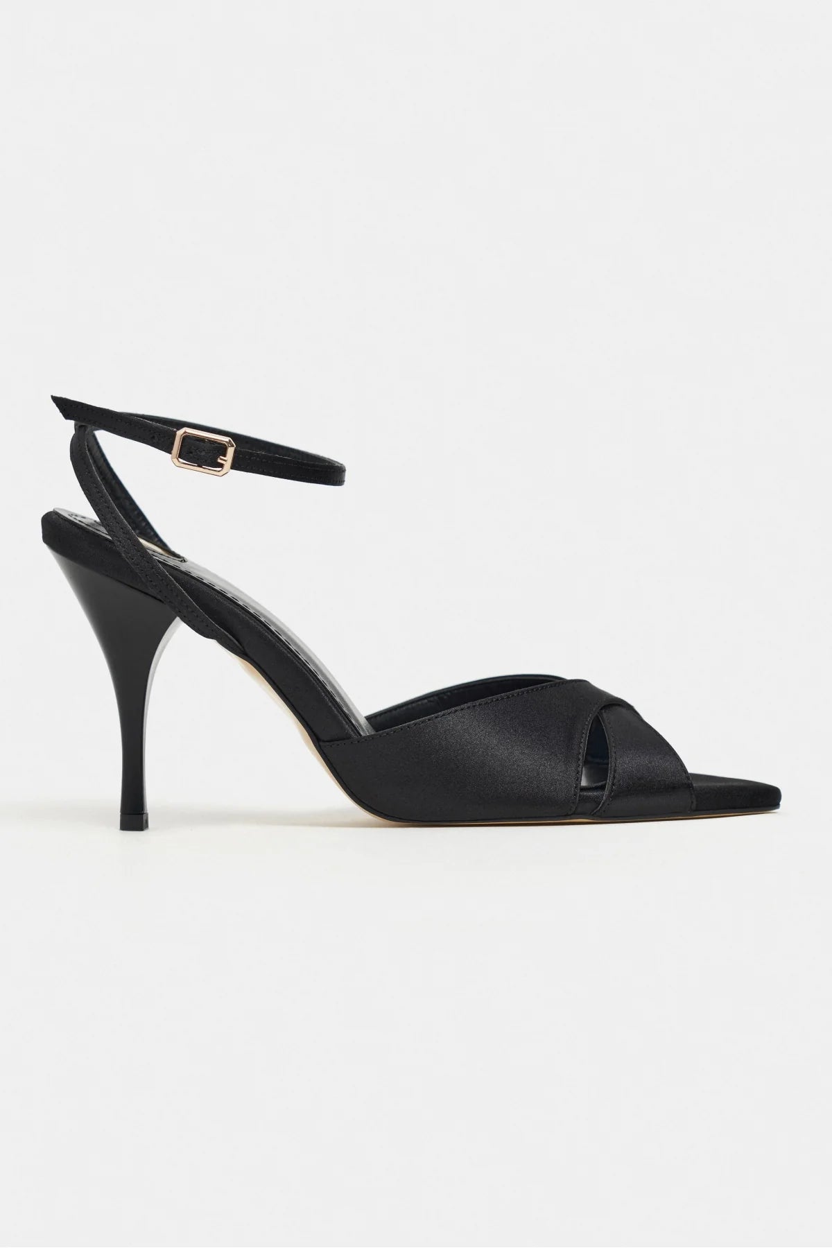 MONICA Black Satin Buckle Detail Ankle Strap Women’s Heels