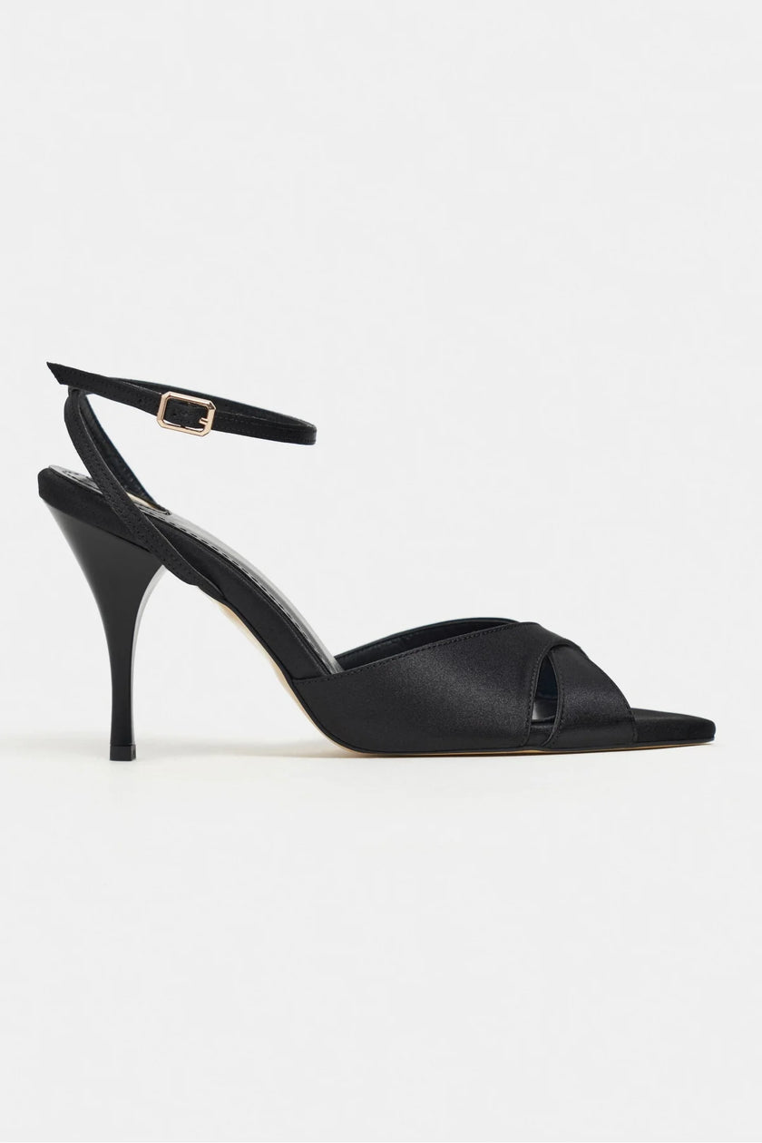 MONICA Black Satin Buckle Detail Ankle Strap Women’s Heels