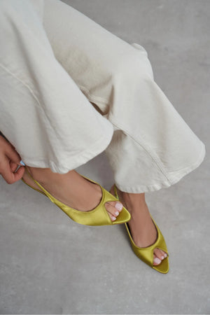 SALVA Green Satin Pointed Toe Open Front Women’s Heels