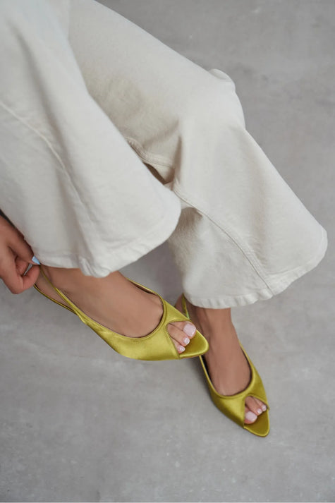 SALVA Green Satin Pointed Toe Open Front Women’s Heels