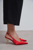 VIORA Red Satin Buckle Detail Women’s Gold Heel Shoes