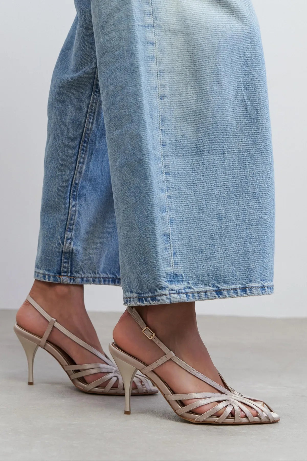 ERYU Dark Beige Satin Peep Toe Cage Detail Women’s Heeled Shoes