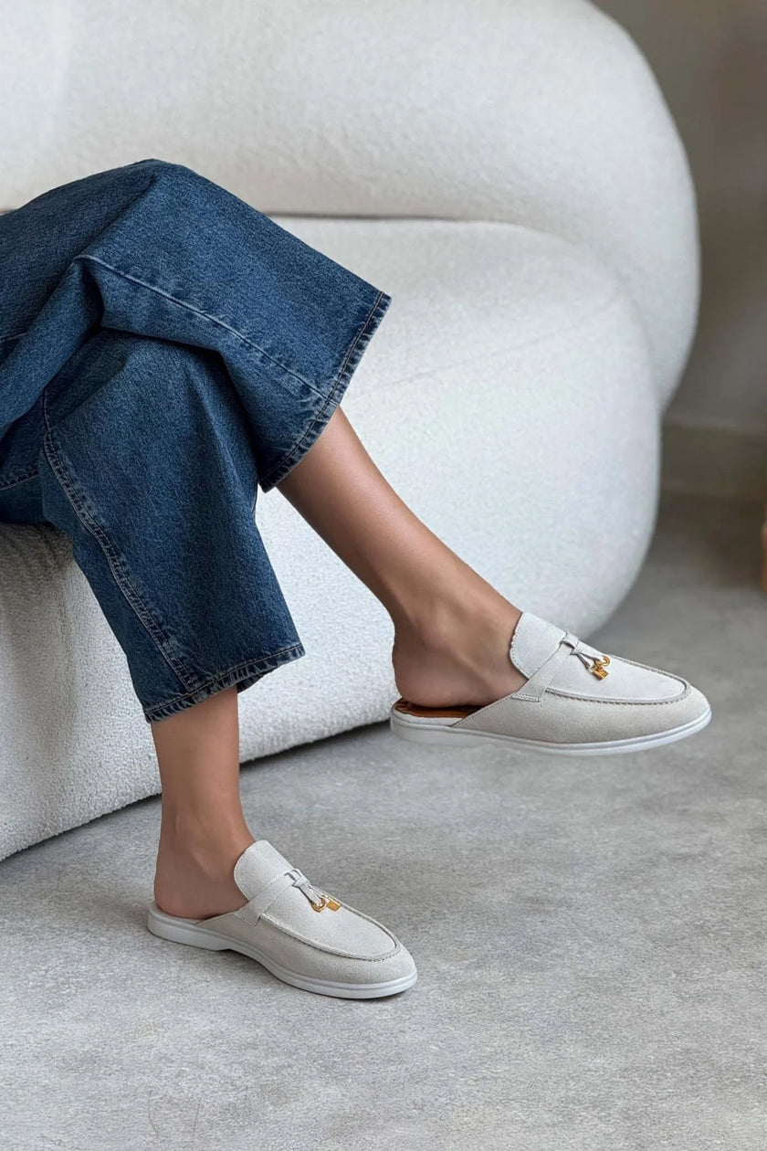 Most Beige Suede Genuine Leather Tassel Detail Flat Sole Women's Slippers - PREORDER