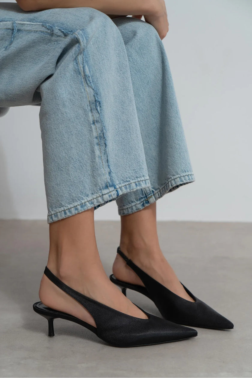 MELVIN Black Satin Women’s Heeled Shoes with Elastic Ankle Detail
