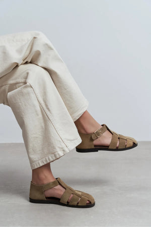 MARCEL Rome Beige Suede Genuine Leather Buckle Detail Women’s Flat Sandals