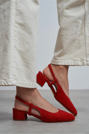 S-HARMONY Red Suede Square Toe Buckle Detail Low Heel Women’s Ballet Flats