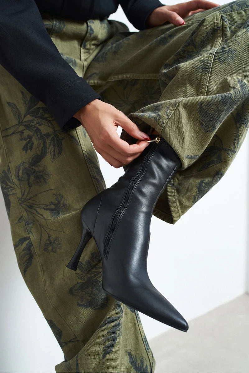 PALMA Black Matte Stretch Pointed-Toe Ankle Boots – 8 cm Stiletto Heel