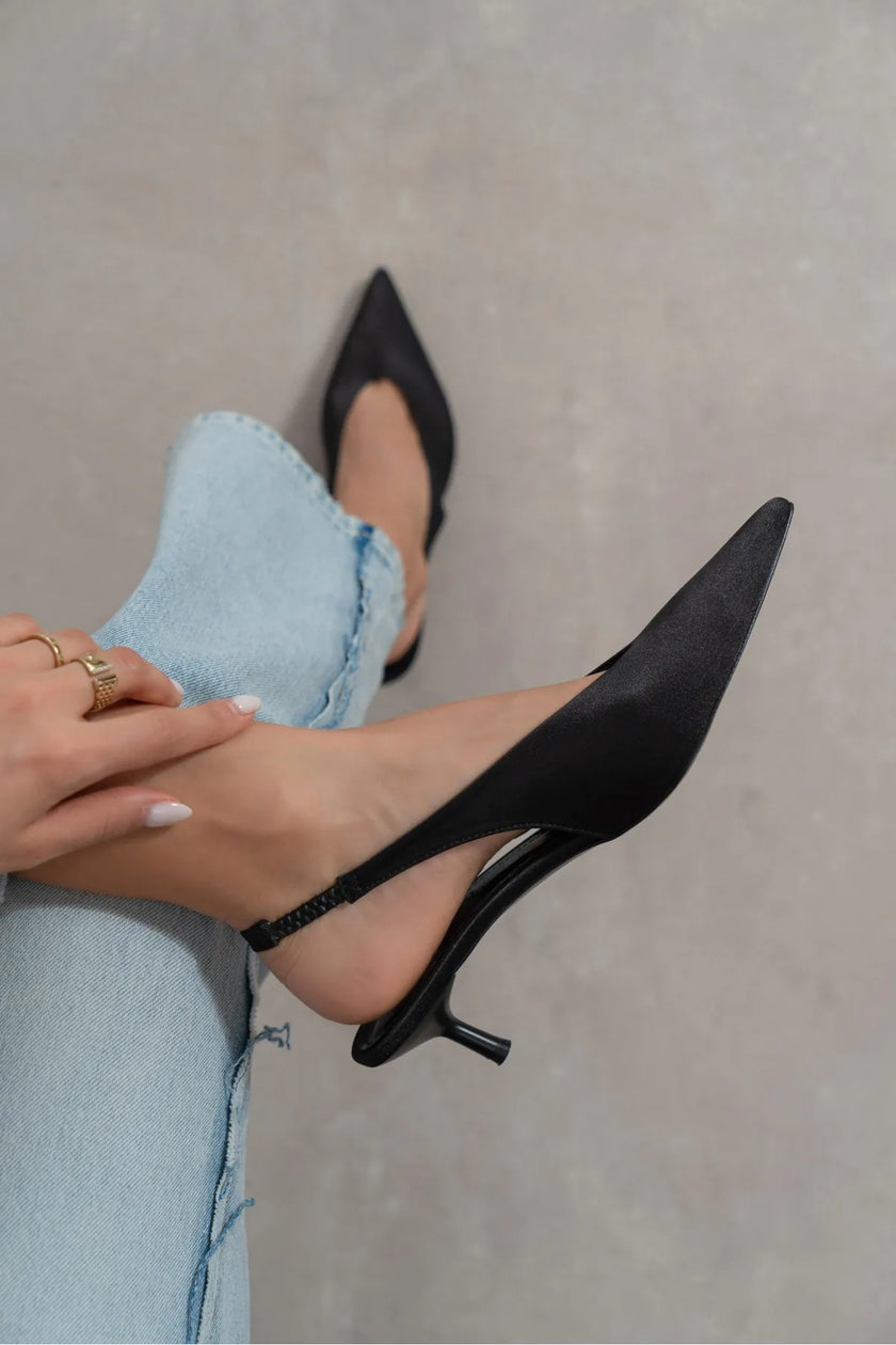 MELVIN Black Satin Women’s Heeled Shoes with Elastic Ankle Detail