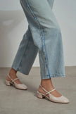 TEDY Beige Patent Square Toe Buckle Detail Slingback Women’s Low Heel Flats