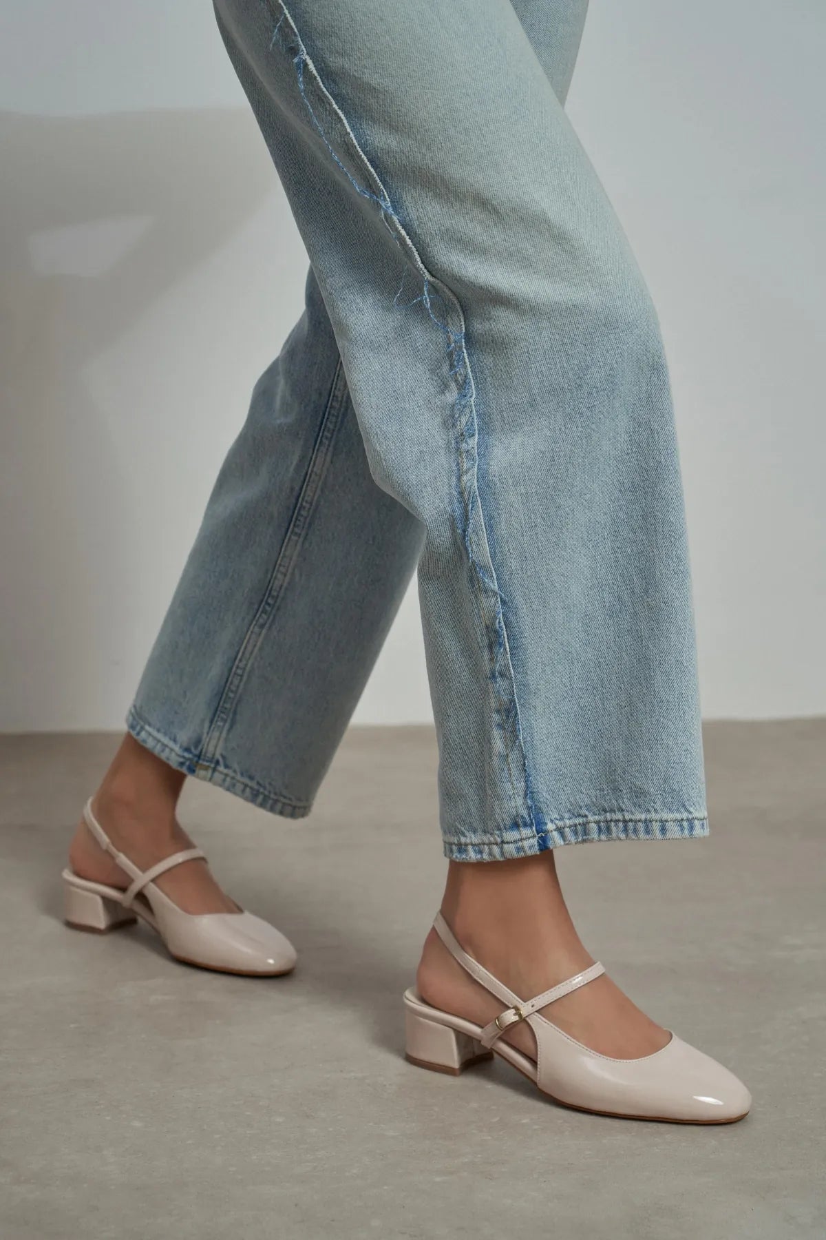 TEDY Beige Patent Square Toe Buckle Detail Slingback Women’s Low Heel Flats