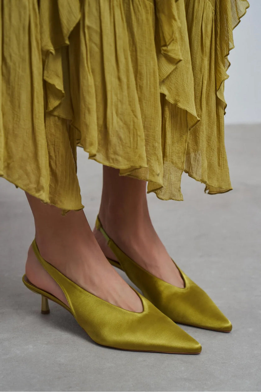 WILSON Green Satin Neoprene Slingback Women’s Heels