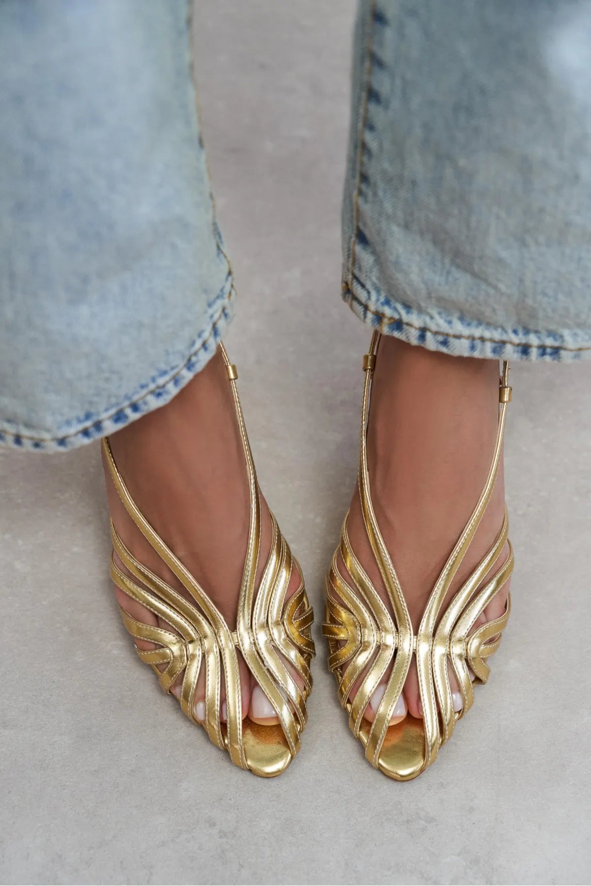 Gold Metallic Peep Toe Cage Detail Women’s Heeled Shoes