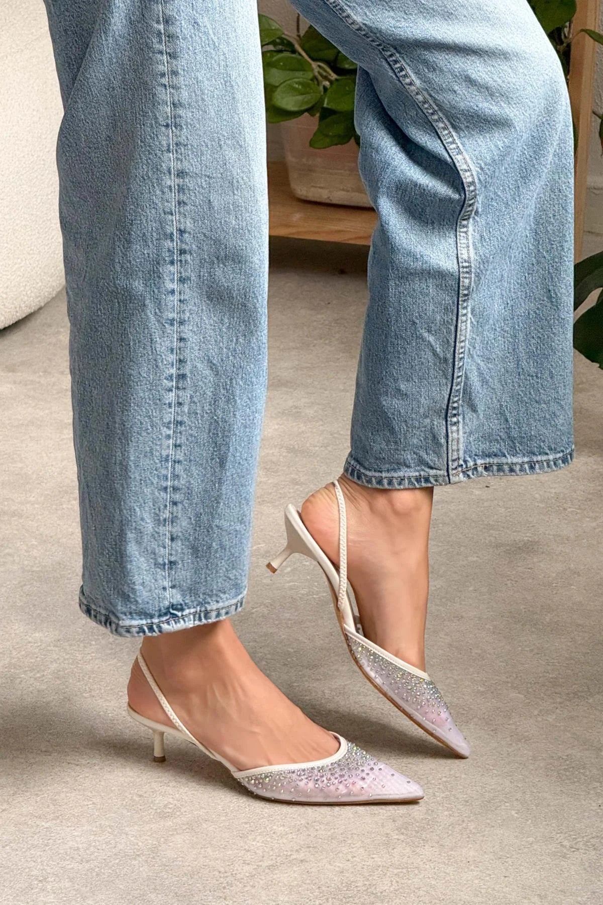 Cinderella White Mesh Stone Detailed Pointed Toe Women's High Heel Shoes