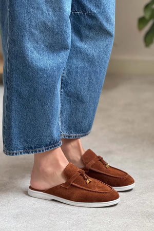 Most Taba Suede Genuine Leather Tassel Detail Flat Sole Women's Slippers