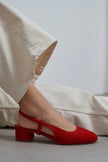 S-HARMONY Red Suede Square Toe Buckle Detail Low Heel Women’s Ballet Flats