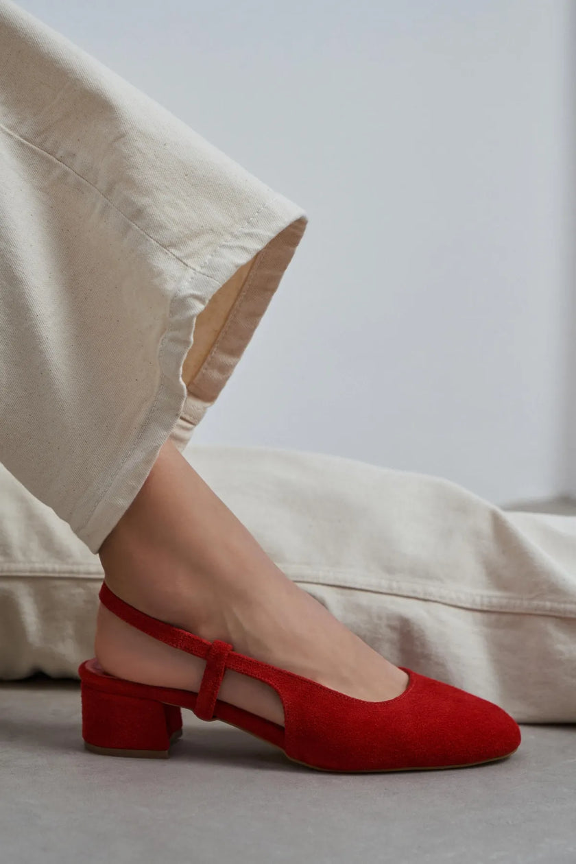 S-HARMONY Red Suede Square Toe Buckle Detail Low Heel Women’s Ballet Flats